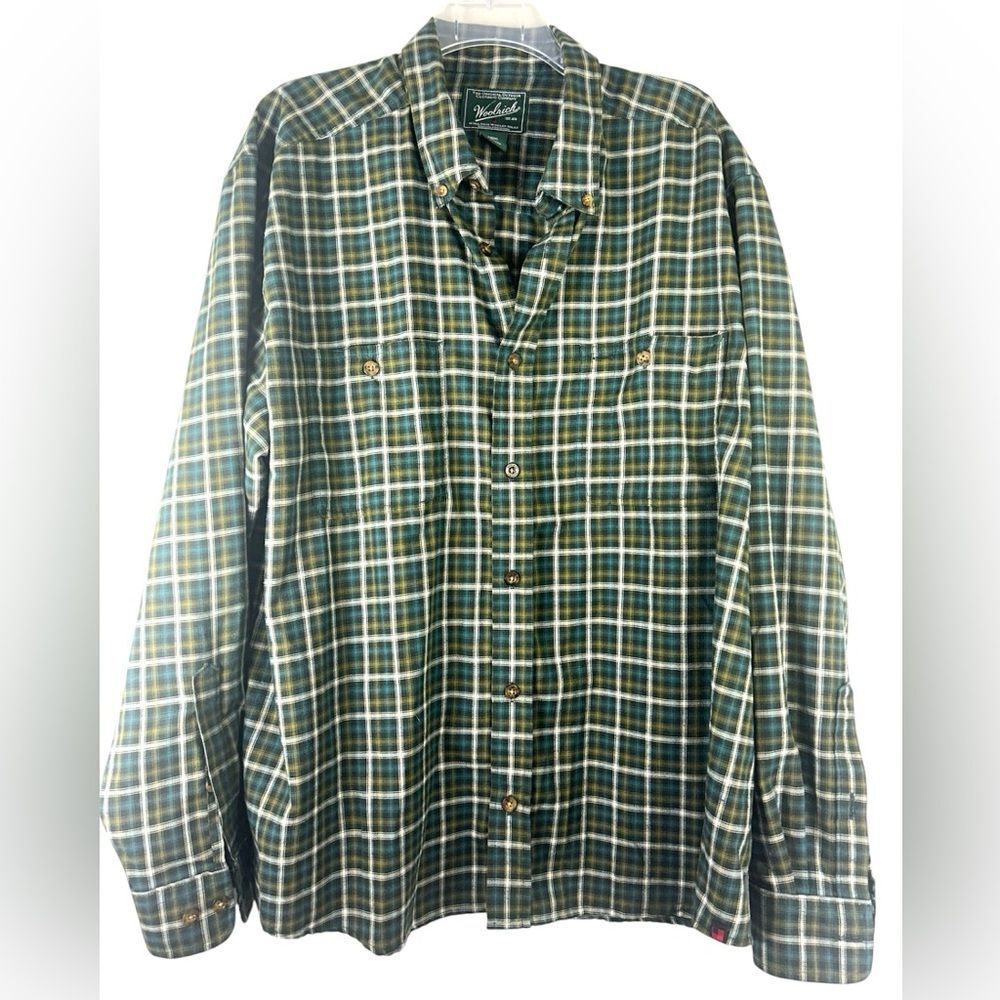 Woolrich MENS xL green plaid button front shirt blue outdoor lumberjack preppy
